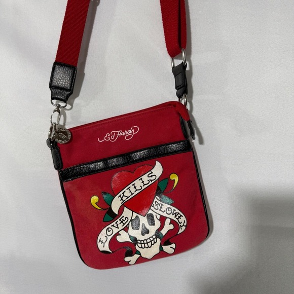 Ed Hardy Red Crossbody Bag with Skull Design - Picture 2 of 12